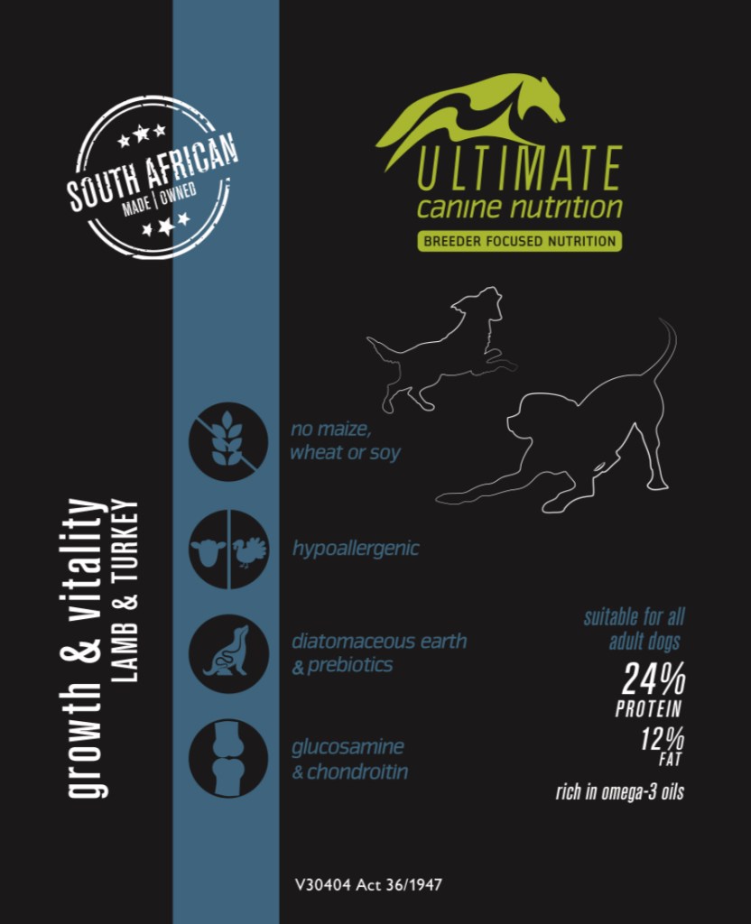 Ultimate Canine Nutrition Growth & Vitality (lamb and turkey) allergy prone dogs (select size for price)